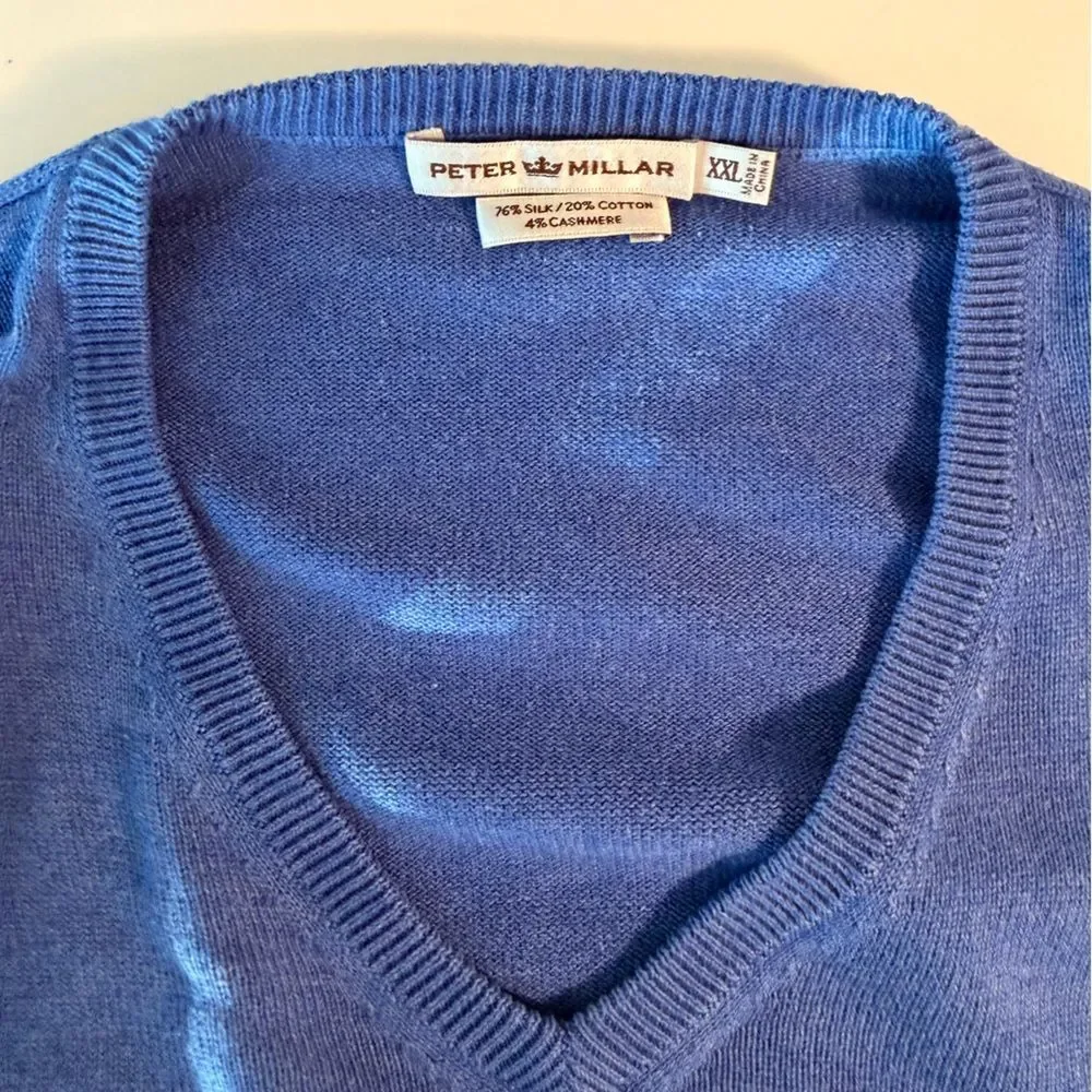 Peter Millar Blue Silk Cotton Cashmere V-Neck Pullover Lightweight Sweater XXL